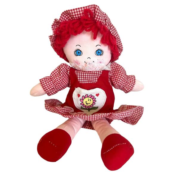 Vintage Cuddle Wit Soft Doll Red Hair Plush Gingham Flower Heart Dress Blue Eyes - Picture 1 of 3